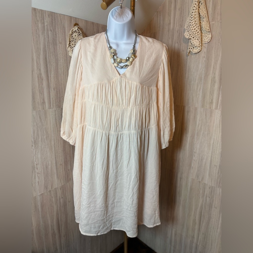 DAVI & DANI Soft Cream Textured Dress With Bright Floral Embroidery on Sleeves